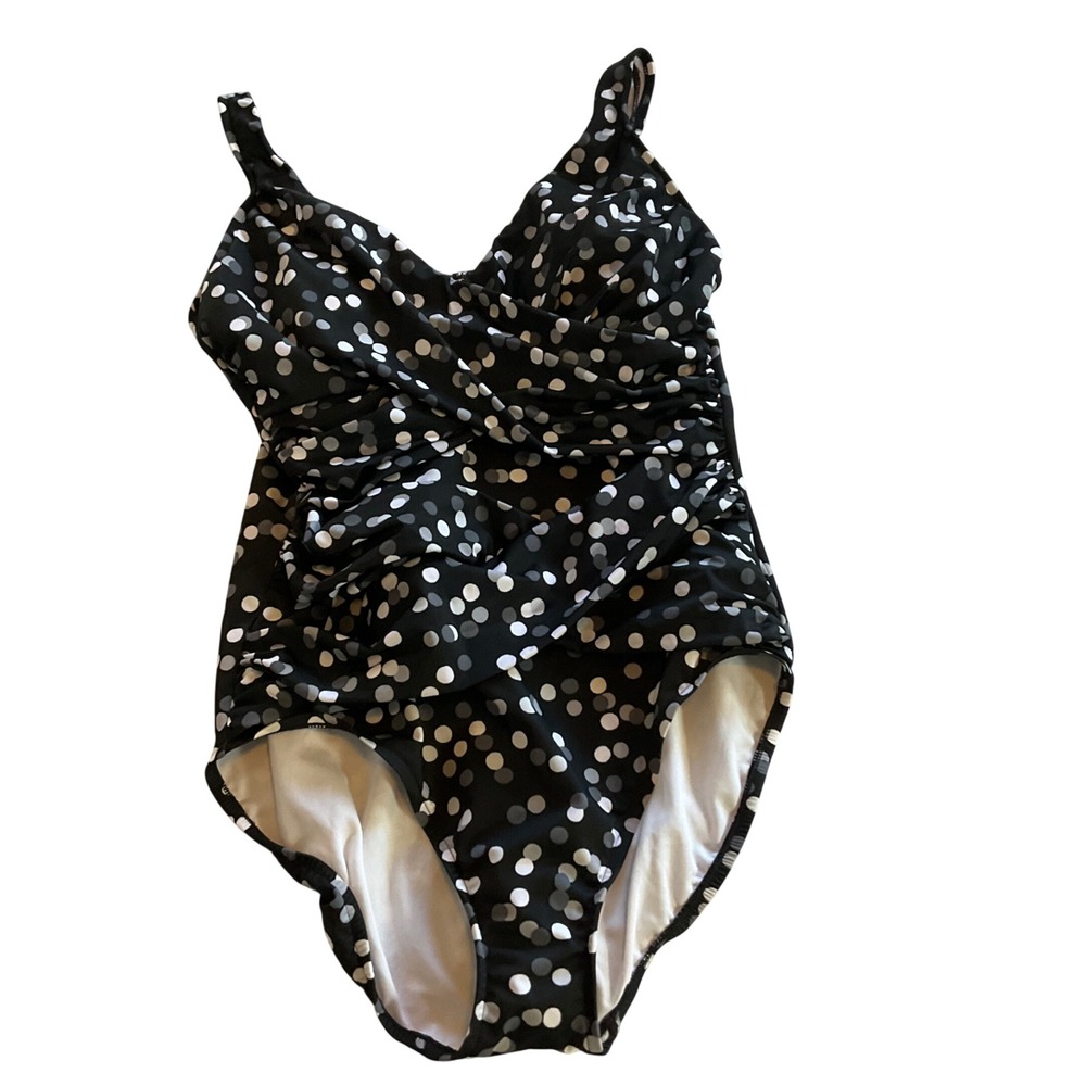 Trimshaper One Piece Swimsuit Womens 14 Black Polka Dot Ruched Slimming Surplice